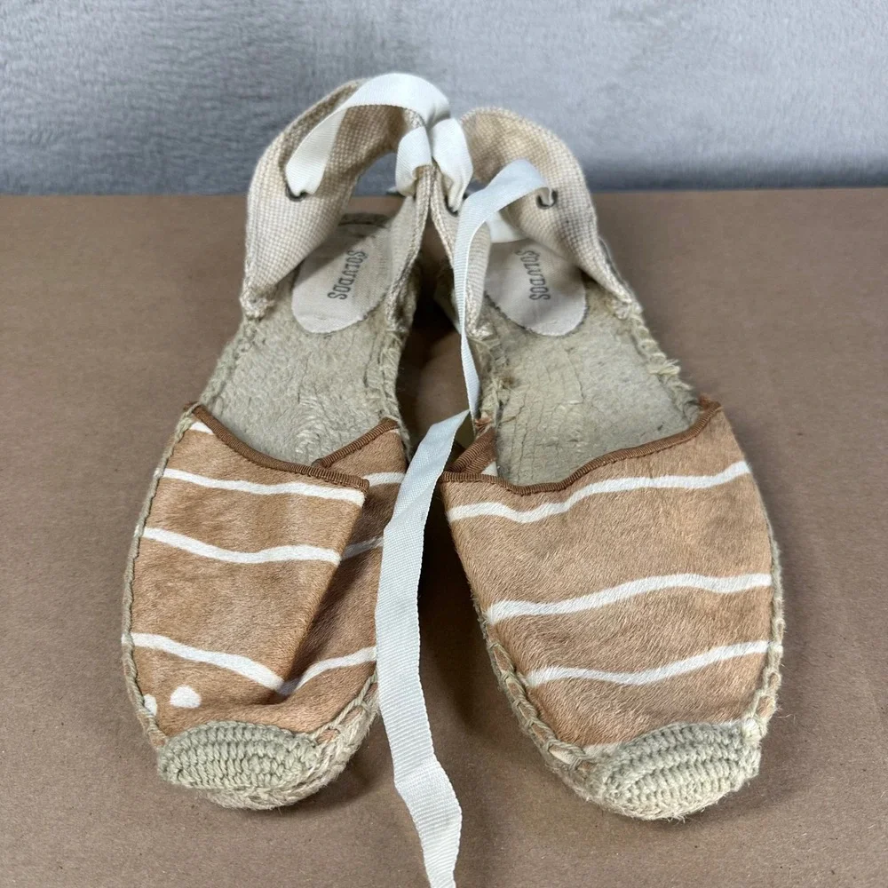 Soludos Espadrille Flats Womens 9 Tan Striped Calf Hair Ribbon Tie Coastal Boho